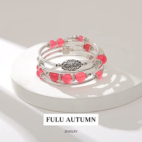 FULU AUTUMN Stackable Beaded Bracelets for Women Boho Wrap Silver Bracelet Layered Fashion Jewelry Gifts for Her - color: 17-Rose red