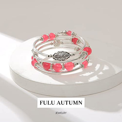 FULU AUTUMN Stackable Beaded Bracelets for Women Boho Wrap Silver Bracelet Layered Fashion Jewelry Gifts for Her - color: 17-Rose red