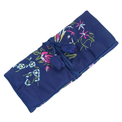 Travel Jewelry Roll Bag - Silk Embroidered Brocade Pouch for Rings, Necklaces, Earrings, Bracelets | Lightweight & Tie Closure (Navy Blue) - color: Navy Blue