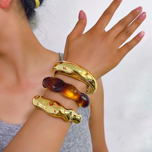 2PCS Chunky Acrylic Bracelet for Women Large Square Resin Cuff Vintage Open Bangle Bracelets Wide Geometric Jewelry - style: E-Gold+Gold+White