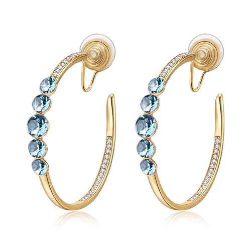 EVEVIC Austrian Crystal Hoop Clip On Earrings for Women | 14K Gold Plated,Silicone Comfort Pad,Versatile for Daily and Formal Occasions,Gift Box Included - color: Aquamarine