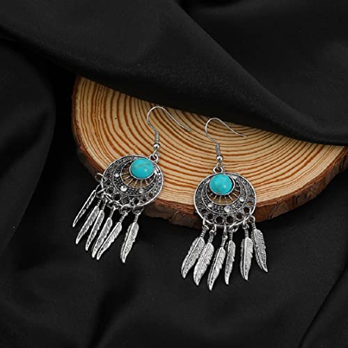 Boho Turquoise Feather Tassel Crescent Moon Dangle Earrings - Hypoallergenic, Leaf Bohemian Drop Earrings for Women - color: Silver