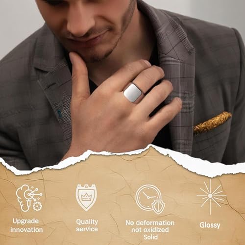 Men's Stainless Steel Square Biker Signet Ring, Black Silver Gold Styles | plain flat top, polished and brushed finish options, chunky profile, pinky or thumb styling, gift-ready for dad or him - color: Silver