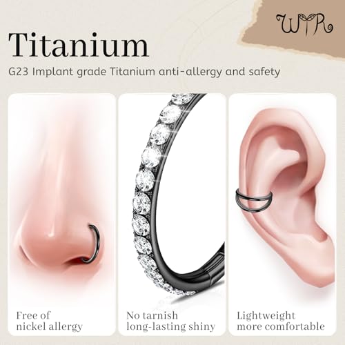 WYR 3Pcs Hypoallergenic Titanium Nose Rings for Women Men 16G 18G 20G | Black/Gold/Silver Seamless Septum Ring CZ & Double Hoop Clicker Conch Earrings Cartilage Piercing Jewelry 7mm 8mm 10mm - color: Black, size: 20g 7mm