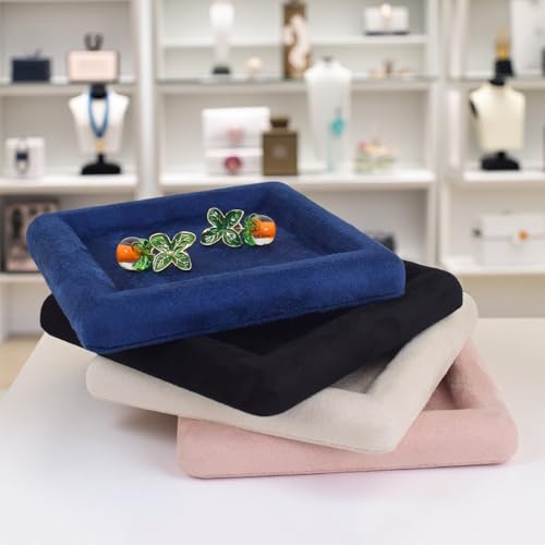 Black Velvet Jewelry Display Tray, Luxury Velvet Ring Holder Showcase for Necklaces Earrings, Jewelry Store Display and Ecommerce Photography Prop, 4.72x4.72 Inches (Black)