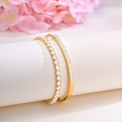 Stackable Gold Bracelets for Women - 2Pcs 18K Gold Plated Cubic Zirconia Bangle Bracelet Friendship Tennis Bracelet Stack Jewelry,Party Christmas Birthday Gift for Girlfriend Sister Wife Daughter - style: Gold Set_1