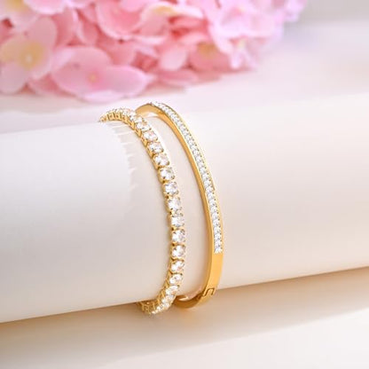 Stackable Gold Bracelets for Women - 2Pcs 18K Gold Plated Cubic Zirconia Bangle Bracelet Friendship Tennis Bracelet Stack Jewelry,Party Christmas Birthday Gift for Girlfriend Sister Wife Daughter - style: Gold Set_1