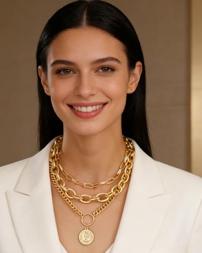Gold Layered Necklaces for Women Chunky Layered Gold Link Chain Necklaces Trendy Paperclip Herringbone Toggle Clasp Necklace Statement Jewelry Accessories for Her - color: A6:chunky gold necklace