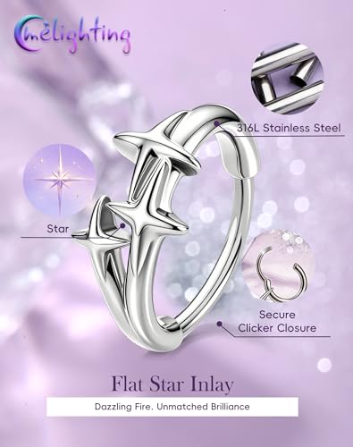 Melighting 20G Gold Nose Ring Hoop Stainless Steel 316L, 8 mm Star Nose Piercing Jewelry Silver Clicker, Beach Party Cartilage Lobe Earring for Daily Wear Women - color: Steel
