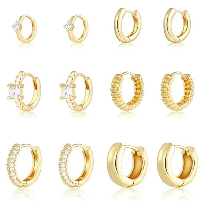 Wgoud Small Gold Hoop Earrings Set for Women, 6 Pairs 14K Gold Plated Hypoallergenic Lightweight Huggie Hoops Earrings, Trendy Cartilage Cubic Zirconia Earrings for Women Gifts. - color: C-Gold hoops
