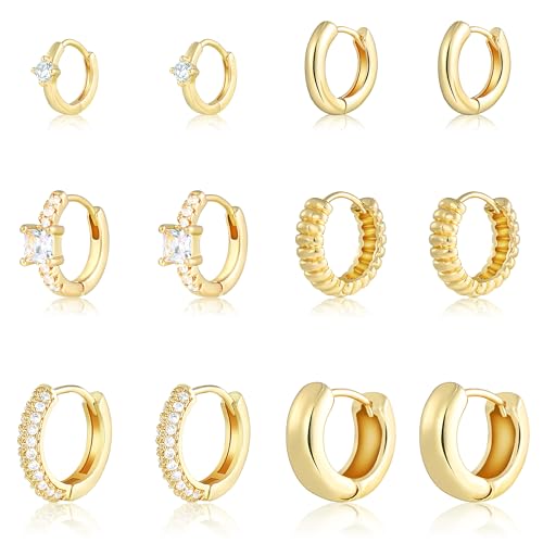 Wgoud Small Gold Hoop Earrings Set for Women, 6 Pairs 14K Gold Plated Hypoallergenic Lightweight Huggie Hoops Earrings, Trendy Cartilage Cubic Zirconia Earrings for Women Gifts. - color: C-Gold hoops