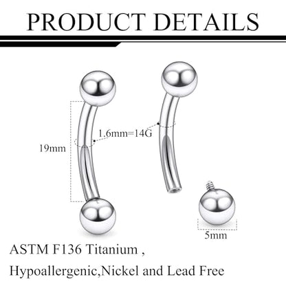 Ruifan 20g 18g 16g 14g 12g 8g 6g 4g 2g Rook Piercing Jewelry Titanium Internally Threaded Curved Barbell Eyebrow PA Tragus Helix Conch Lobe Earrings Lip Rings Body Piercing Jewelry For Women Men - size: 14G - 19mm Ball