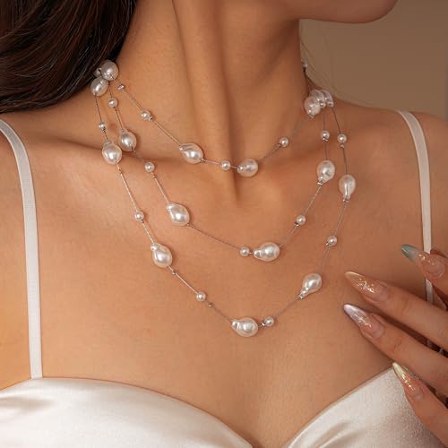 Pearls Necklaces for Women-18K Gold Plated Layered Gold Pearl Necklaces Dainty White Pearls Choker Necklace Chain Pearl Necklace for Women Elegant Valentines Gifts - color: Silver Pearl-1