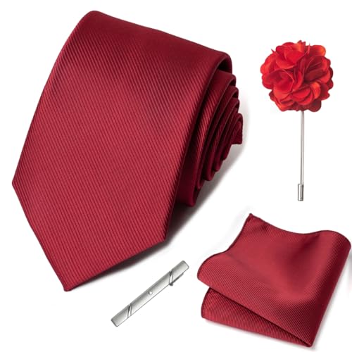 joy alice 30 Colors Solid Ties for Man Pure Color Men's Tie Set with Lapel Pin Pocket Square Tie Clip - color: Burgundy