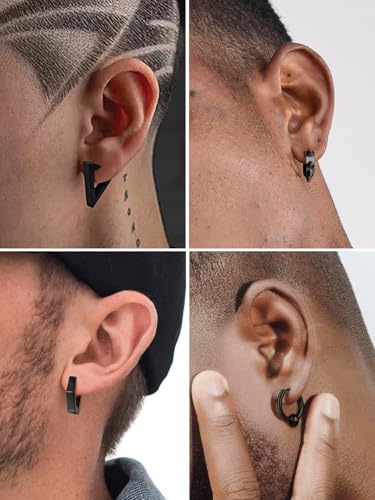 ChainsHouse Stud Earrings for Men Women,316L Stainless Steel/14K Gold/Black Plated Metal, Punk Hypoallergenic Surgical Huggie Hoop Earrings Mens Jewelry Piercing Hoop Earrings - style: F: Black-Different Disign(4 Pairs)