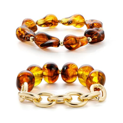 Boho Beaded Stretch Bracelets For Women Stackable Crystal Gold Plated Beaded Bracelets Set Trendy Handmade Friendship Braeclet Jewelry Gifts - color: L-Brown Amber 2pcs