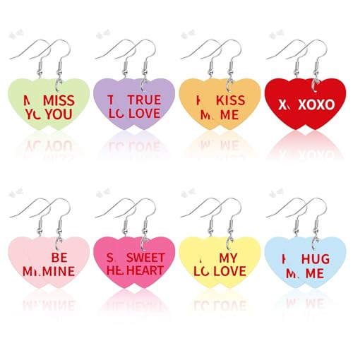 8 Pairs Valentine's Day Candy Heart Acrylic Earrings for Women | Sweet Conversation Dangle Earrings, Kiss Hug My Love, Valentine Day Anniversary Wedding Gifts, Girls Women Party Accessories - style: Valentines Day