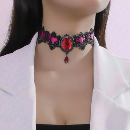 CSIYANJRY99 Gothic Choker Necklace for Women Halloween Red Crystal Vampire Choker Steampunk Lace Choker Witch Costume Accessories - style: Punk