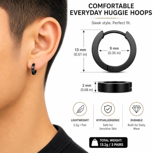 3 Pairs Stainless Steel Huggie Hoop Earrings for Men and Women – Black, Gold & Silver Hinged Hoop Set – Hypoallergenic Small Clicker Earrings for Everyday Wear