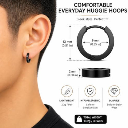 3 Pairs Stainless Steel Huggie Hoop Earrings for Men and Women – Black, Gold & Silver Hinged Hoop Set – Hypoallergenic Small Clicker Earrings for Everyday Wear