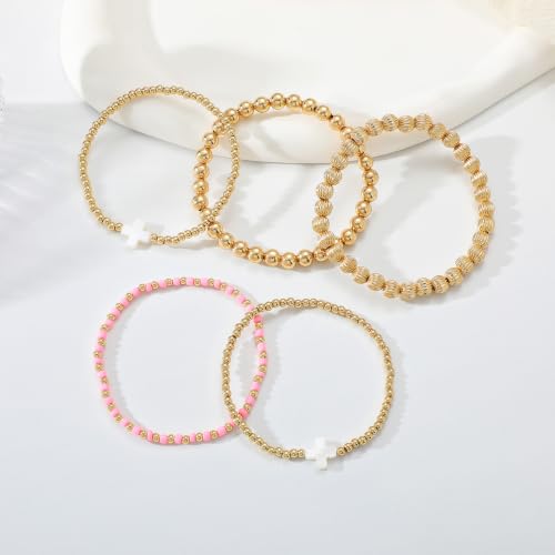 Dainty Gold Plated Pearl Crystal Beaded Bracelets Set for Women 14K Gold Plated Bead Pearl Beads Bracelet Stackable Paperclip Link Chain Bracelets Gold Plated Bracelets for Women Trendy Jewelry - color: Style4-gold bracelets set6
