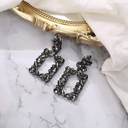 Clip-on Dangle Earring Earrings Art Deco Sparkly Rhinestone Marquise Teardrop Rectangle Geometric Statement for Women - color: Grey Black-Tone