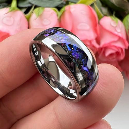 TUTISS 8mm Silver/Black/Gunmetal Tungsten Rings for Men Women Orion Nebula Opal Galaxy Fragment Inlay Fashion Jewelry Engagement Wedding Promise Band Polished Shiny Comfort Fit - color: 8mm Silver Tungsten