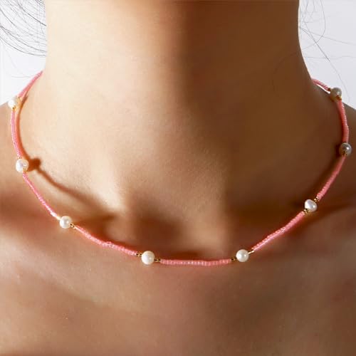 Gold Seed Beaded Necklaces for Women, Boho Handmade Adjustable Colorful Beads Choker Summer Beach Jewelry Gift. - color: Pink