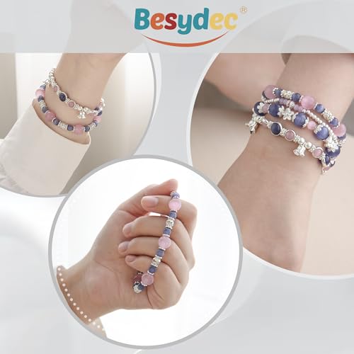 Besydec Stackable Boho Beaded Bracelets With Natural Stone & Pearl Heart & Clay Beads for Women,Adjustable Silver Jewelry - color: Purple Pink