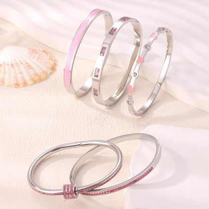 Camhanno Pink Heart Bangle Bracelets for Women - 18K Gold Plated Stackable Stainless Steel, Friendship & Love Jewelry Gift for Her - color: Silver+Pink