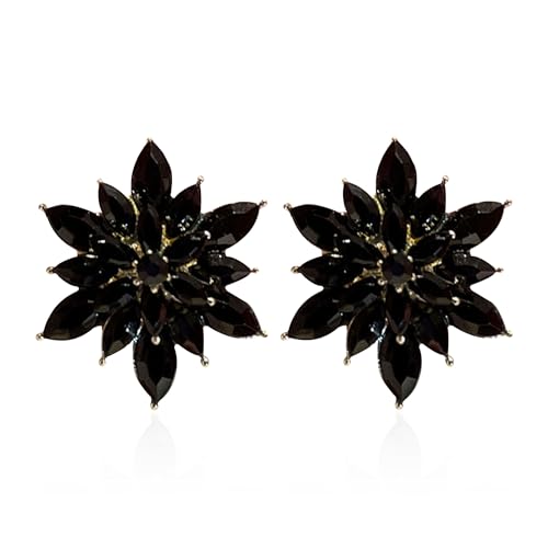 Crystal Flower Burst Stud Earrings Large Big Sparkly CZ Cubic Rhinestone Floral Cluster Flower Stud Earrings Bridal Wedding Party - color: Black