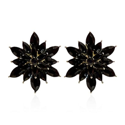 Crystal Flower Burst Stud Earrings Large Big Sparkly CZ Cubic Rhinestone Floral Cluster Flower Stud Earrings Bridal Wedding Party - color: Black