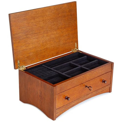 Harvey Ellis Wooden Jewelry Box, Solid Quartersawn Oak | Onondaga Brown Finish, Inlay, Velvet-Lining, Ring Holder, Drawer w/ 2 Keys, 18in W x 11in D x 7.5in H, 18in H Lid Open