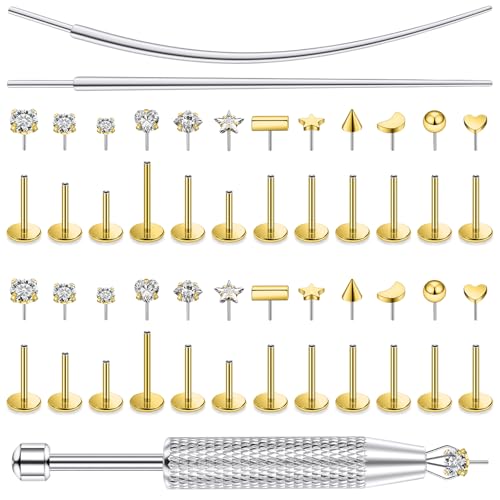 20/18/16g Gold Flat Back Threadless Earrings Nose Rings Lip Studs Surgical Steel Piercing Jewelry for Women Men - color: Gold, size: 20g=0.8mm