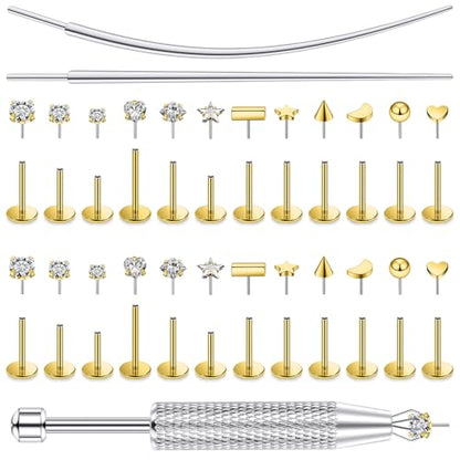 20/18/16g Gold Flat Back Threadless Earrings Nose Rings Lip Studs Surgical Steel Piercing Jewelry for Women Men - color: Gold, size: 20g=0.8mm