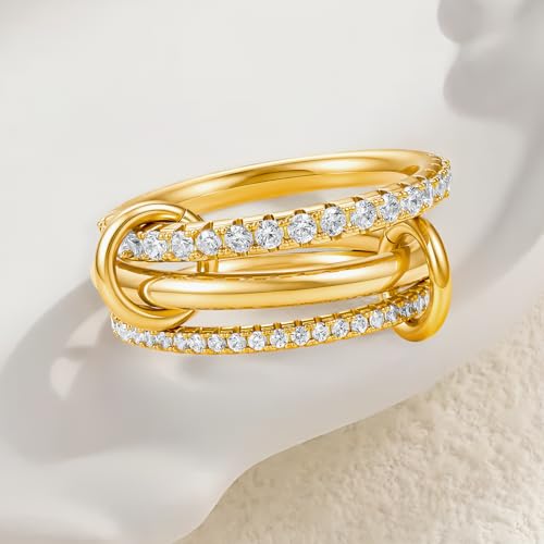 Cicy Bell Interlocking Ring for Women 18k Gold Plated CZ Stack Ring Set - color: Style D-Gold, size: 7
