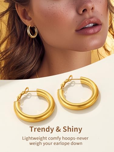 FindChic Hoop Earrings for Women, Silver/Black/14K Gold Plated Hypoallergenic Hollow Round Tube Loop Earrings, 20mm/30mm/40mm/60mm/80mm Chunky Hoops with Custom Name Options & Gift Box - color: c.Gold, size: 30MM