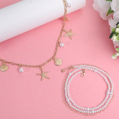 Gold Starfish Seashell Waist Chain Belt, 2Pcs Adjustable Layered Belly Chain, Boho Mermaid Pearl Body Chains, Shell Beaded Bikini Body Chains Mermaid Costume Accessories