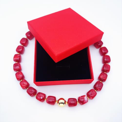 Red Beaded Necklace for Women Chunky Beaded Necklace Adjustable Acrylic Bead Choker Necklaces Big Statement Necklaces Jewelry Accessories - color: 15MMSquareBead