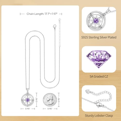 Peeshow Compass Birthstone Necklace for Women Wife, S925 Sterling Silver Gift for Wife Wedding Anniversary Birthday Gifts for Women Jewelry for Her Girlfriend I'd be Lost without You - style: 02-Feb-Amethyst
