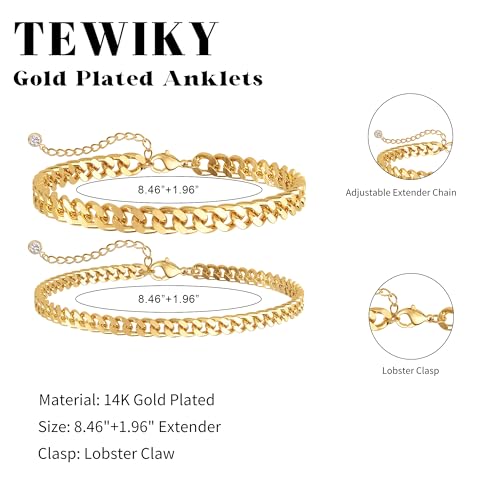 Tewiky Chunky Ankle Bracelets for Women,Dainty Layered Waterproof Anklet for Women Adjustable Cuban Set Stackable Cute Summer Beach Jewelry Gift - color: gold