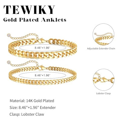 Tewiky Chunky Ankle Bracelets for Women,Dainty Layered Waterproof Anklet for Women Adjustable Cuban Set Stackable Cute Summer Beach Jewelry Gift - color: gold