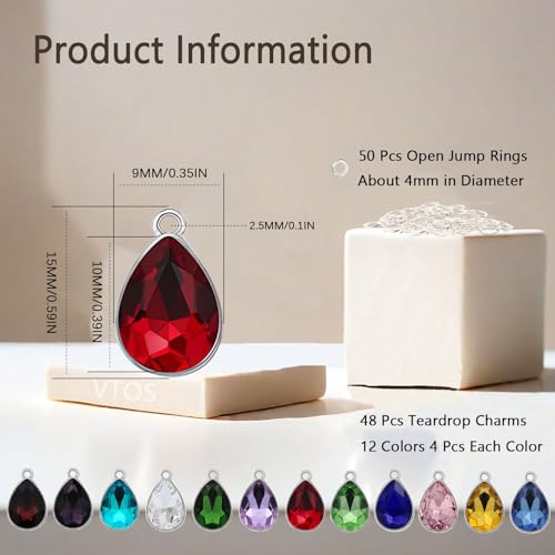 Glass Rhinestone Charms, 48 Pcs 12 Colors Birthstone Beads Crystal Dangle Pendants for Jewelry Making Earrings Necklace Bracelet - color: Silver