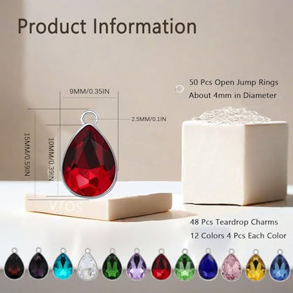 Glass Rhinestone Charms, 48 Pcs 12 Colors Birthstone Beads Crystal Dangle Pendants for Jewelry Making Earrings Necklace Bracelet - color: Silver