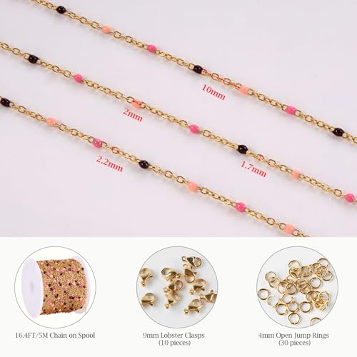 KYUNHOO 5M Stainless Steel Gold Chain for Jewelry Making Thin Cable Links | 16.4 Feet Colorful Beaded Chains with Clasps Jewelry Findings for Necklace Bracelet Crafting - color: gold-purple pink