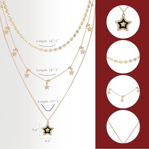 SEADAY Layered Gold Necklace for Women, 3-in-1 Gold Stack Necklace | Long Gold Necklace, Square, Hypoallergenic, Tarnish-resistant & Adjustable, Fashion Jewelry Gift Box & Gift Bag - color: Gold - Black Star