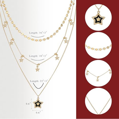 SEADAY Layered Gold Necklace for Women, 3-in-1 Gold Stack Necklace | Long Gold Necklace, Square, Hypoallergenic, Tarnish-resistant & Adjustable, Fashion Jewelry Gift Box & Gift Bag - color: Gold - Black Star
