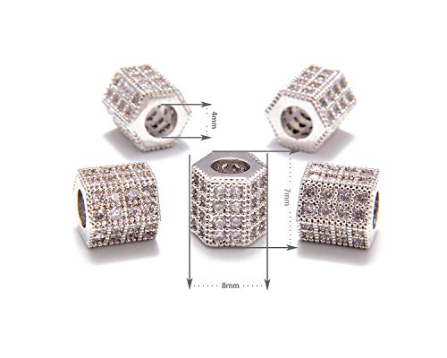 AD Beads Zircon Pave Rhinestones Big Hole Hexagon Spacer Beads 7x8mm 5Pcs Clear on Silver - color: 5 Pcs Clear on Silver Hexagon (7x8mm)
