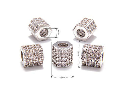 AD Beads Zircon Pave Rhinestones Big Hole Hexagon Spacer Beads 7x8mm 5Pcs Clear on Silver - color: 5 Pcs Clear on Silver Hexagon (7x8mm)