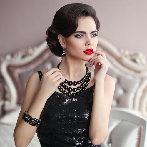 Haysandy Pearl Jewelry Set for Women 20s Jewelry Gift | Retro Layered Necklace Bracelet Earring, Costume Accessories for Derby Wedding Prom Party, Dress Matching Occasions - color: Black